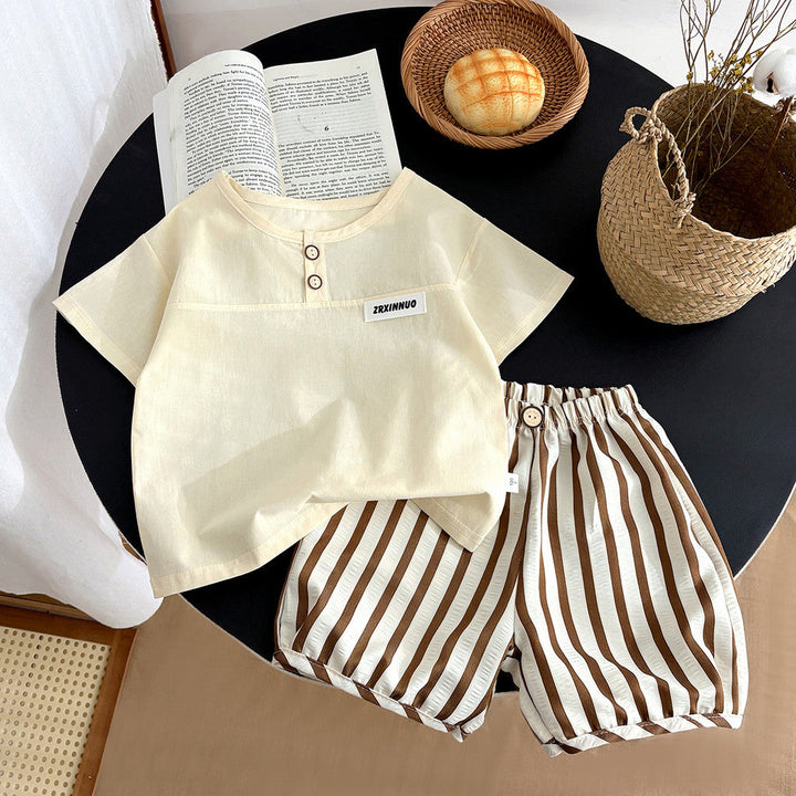 Baby Kids Short-Sleeved Two-Piece Suit Striped Shorts Boys And Girls Fashion Set 1-7 Years | Shopee Malaysia Evansi